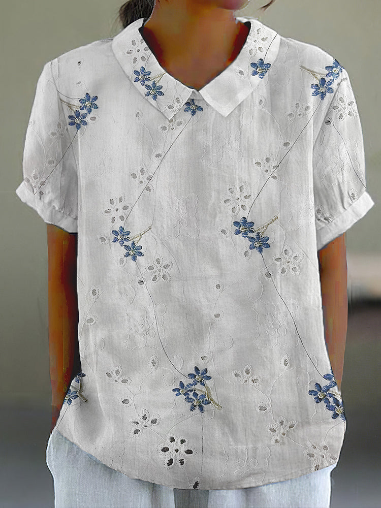 Women's Floral Lace Embroidery Lapel Short Sleeve Casual Blouse