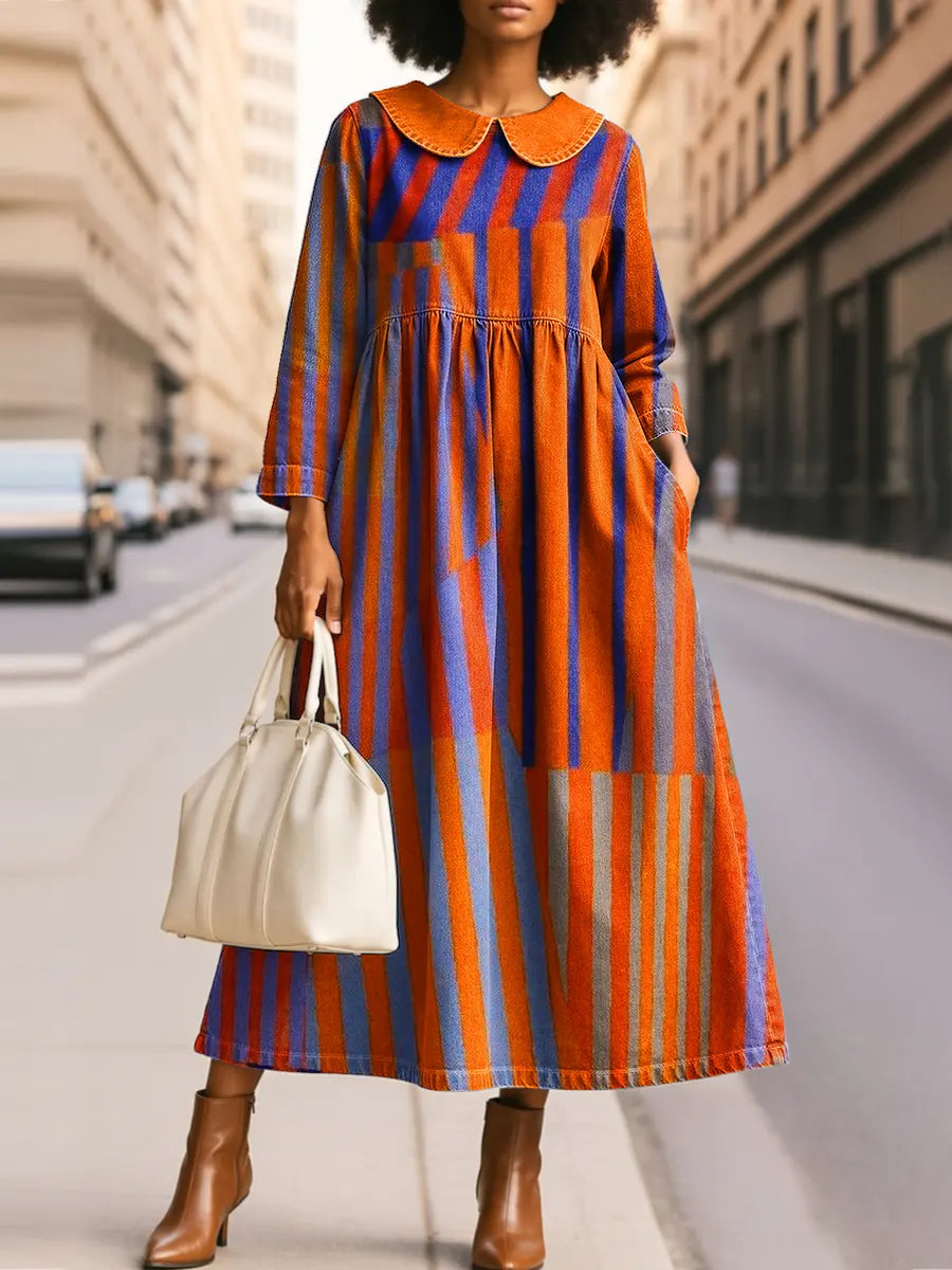 Women's Colorblock Geometric Art Print Silhouette Peter Pan Collar Maxi Dress