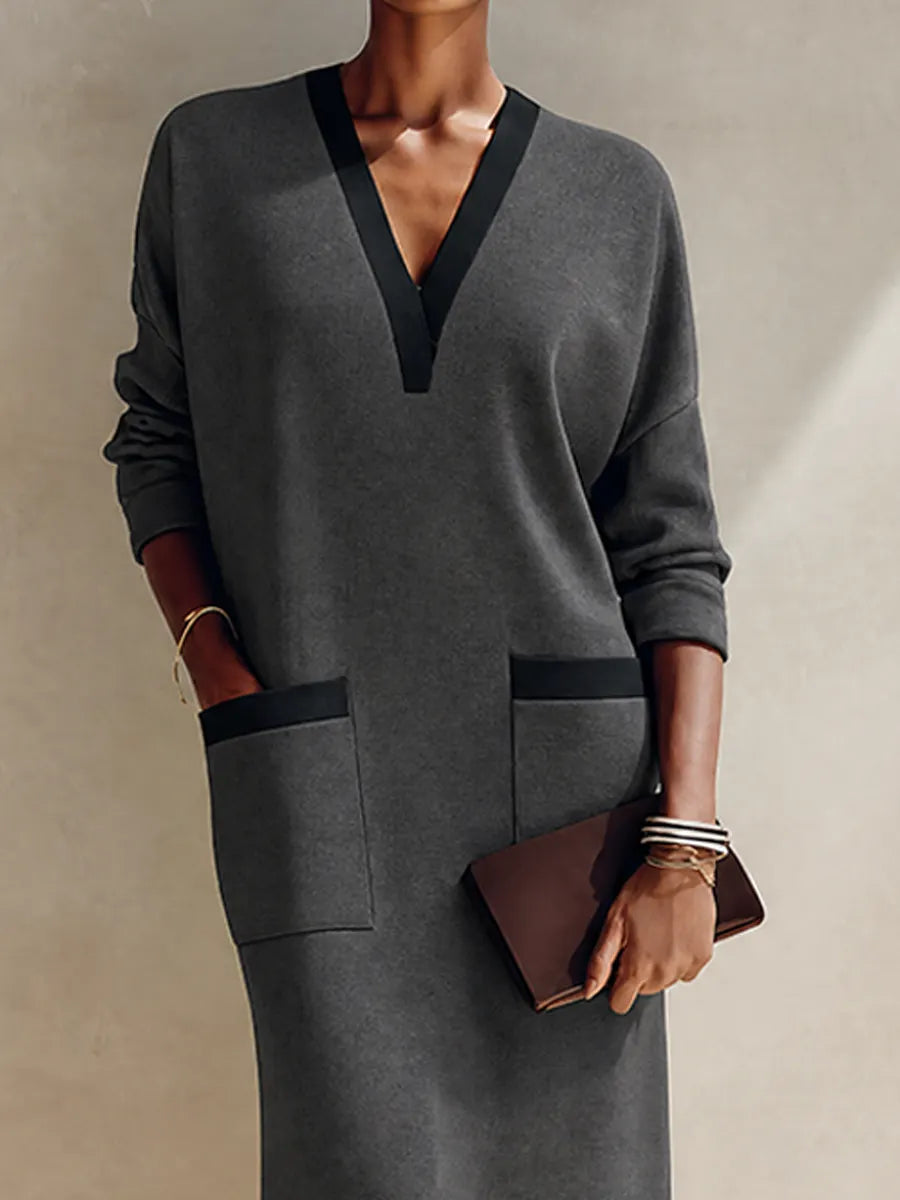 Women's Minimalist Dark Grey Knit V-Neck Contrast Trim Midi Dress MDZ1636G1ZRK