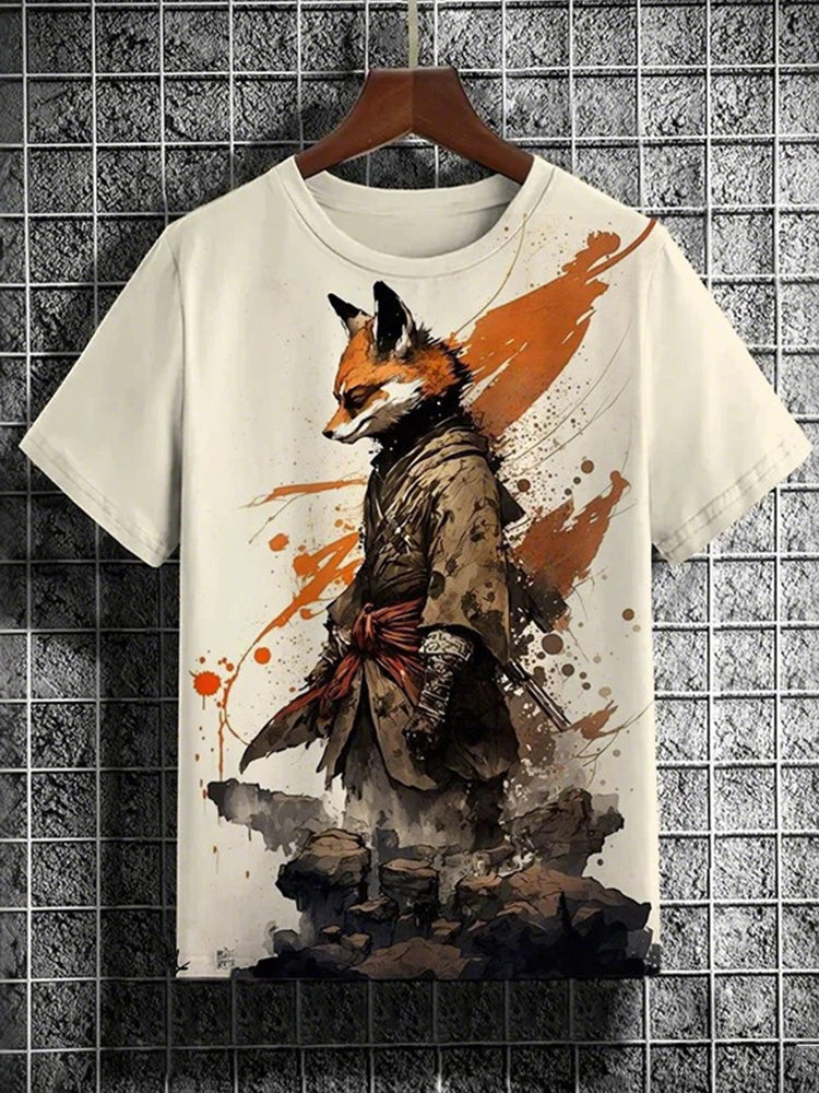 Men's Fox Warrior Watercolor Art Print Casual Short Sleeve T-shirt