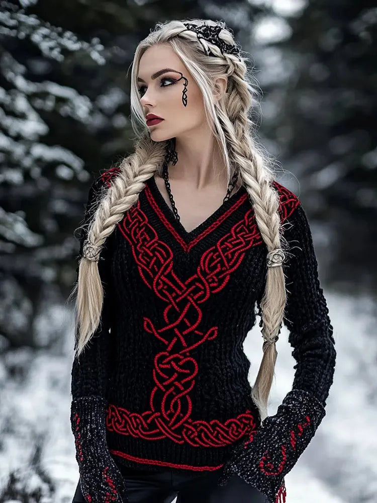 Women's Viking Celtic Pattern V-neck Cozy Knit Sweater