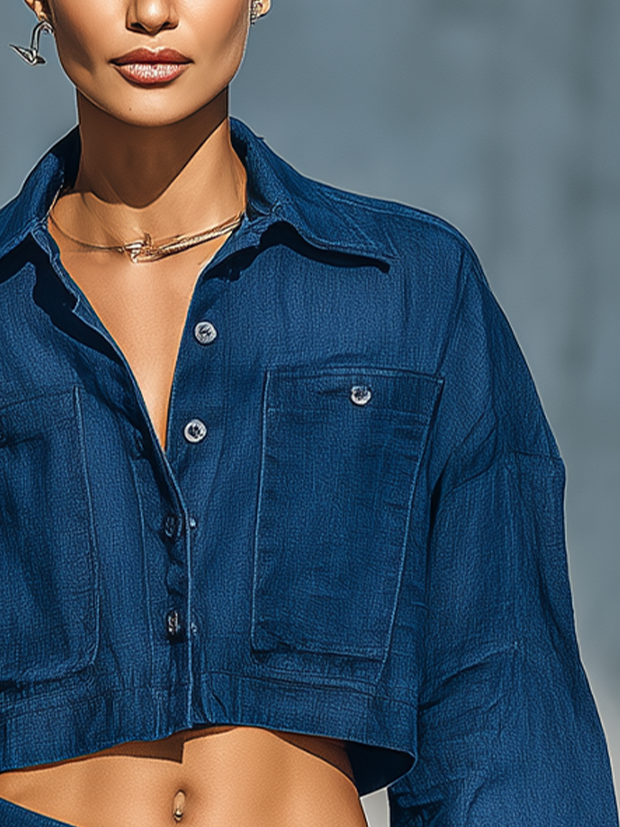 Women's Navy Blue Denim Fabric Lapel Dual Chest Pocket Button Front Long Sleeve Cropped Shirt MDZ2736G6YZJ