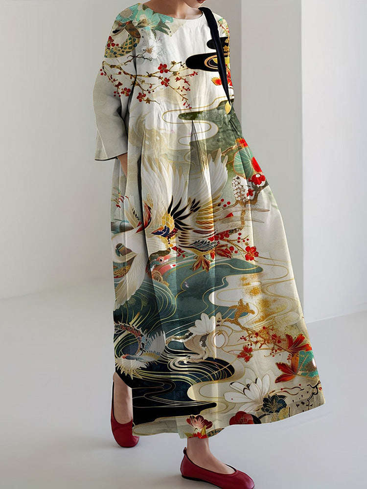 Women's Japanese Flora Art Print Midi Dress