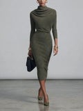 Olive Green Draped Cowl Neck Midi Dress