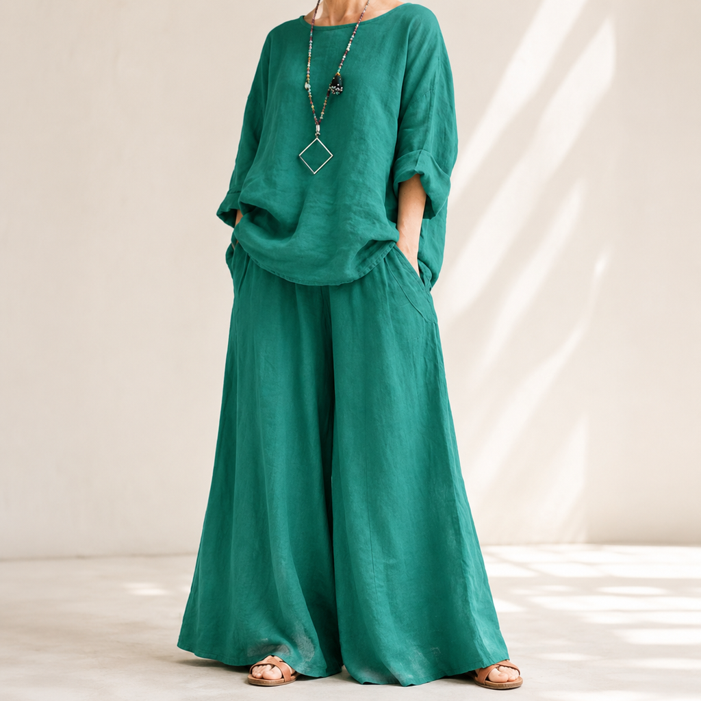 Lunavia – Oversized Cotton-Linen Two-Piece Set with Wide-Leg Pants