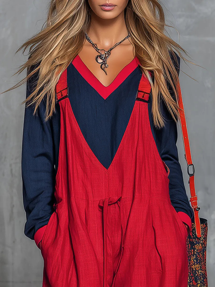 Retro Bohemian Style Color-blocked Cotton And Linen Top And Overalls Set