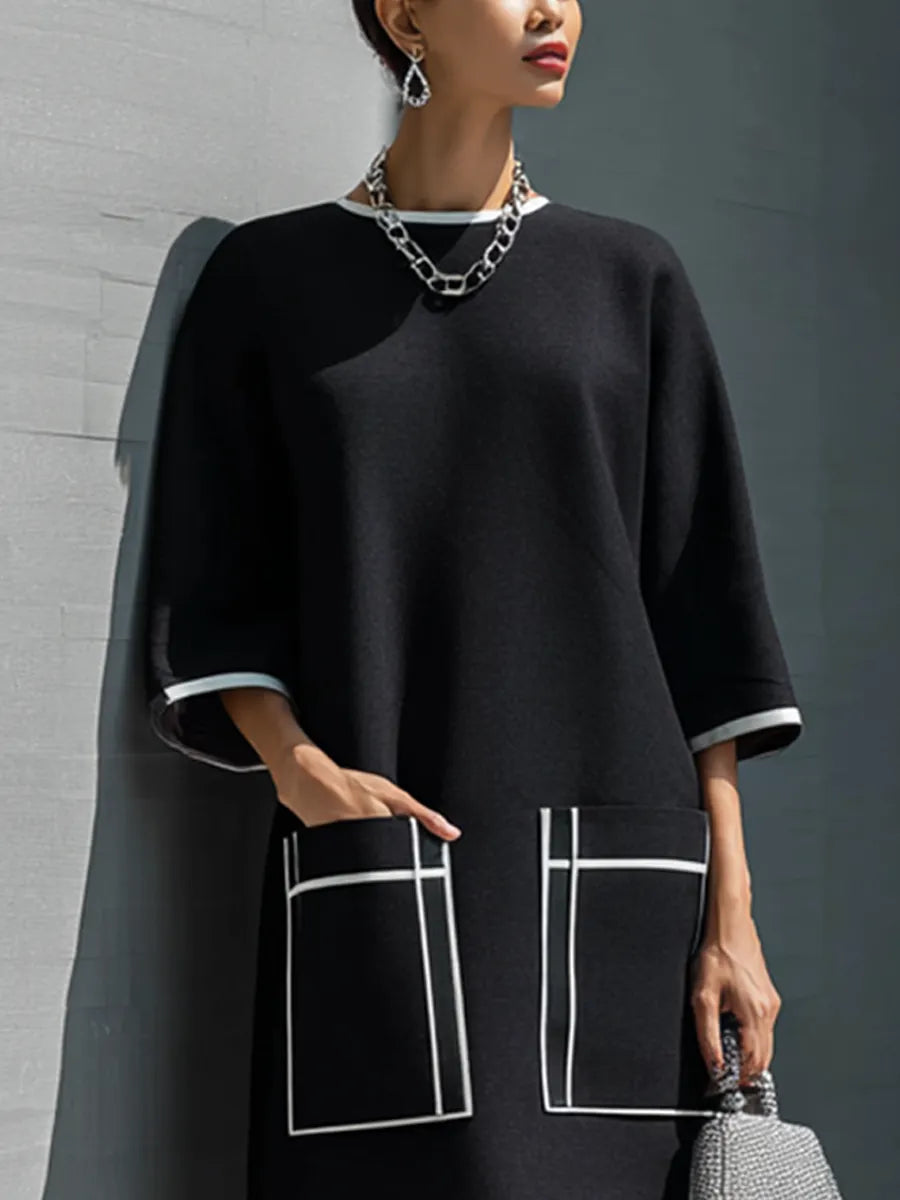 Women's Luxury Commuter Black Cotton Blend Contrast Stitch Patch Pocket 3/4 Sleeve Midi Dress MDZ1060G4GMJ