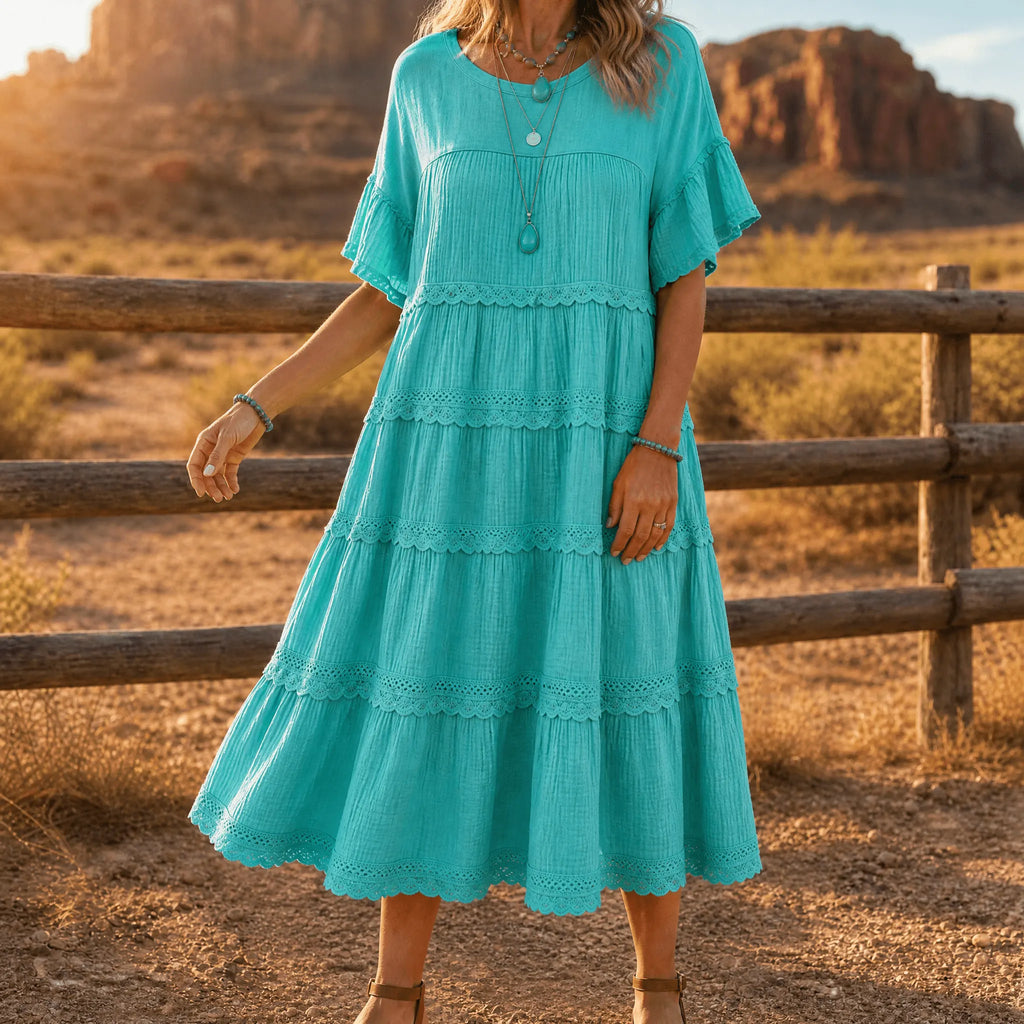 Sundara – Women's Tiered Lace Midi Dress with Hidden Pockets