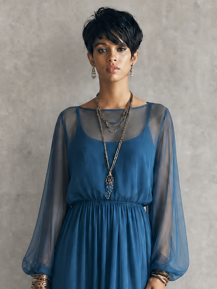 Women's Elegant Sapphire Blue Chiffon Sheer Sleeve Smocked Waist Maxi Dress MDZ2217G3GMJ