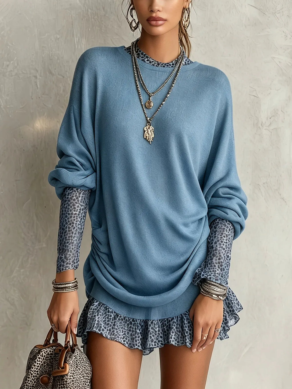 Blue Oversized Animal Trim Knit Mini Dress