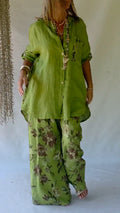 Green Oversized Linen Shirt & Floral Print Pants Co-Ord Set