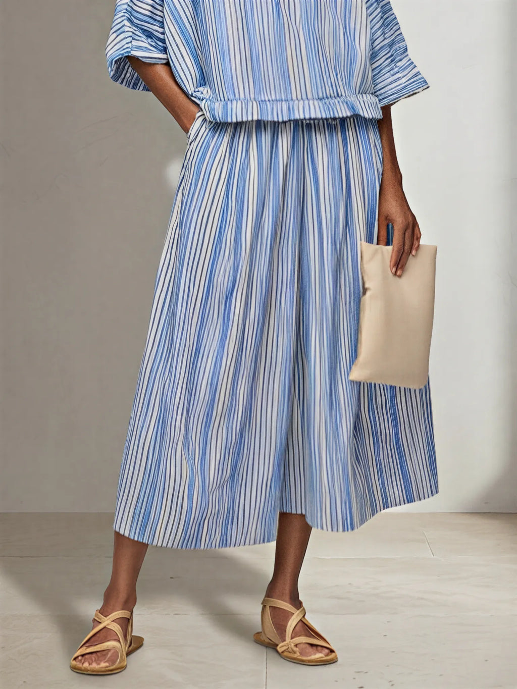 Women's Blue White Vertical Stripe Cotton Blend Two-Piece Set With Boat Neck Batwing Sleeve Top & Elastic Waist Midi Pants, Minimalist Summer Resort Matching Outfit MDZ0695G4LYL