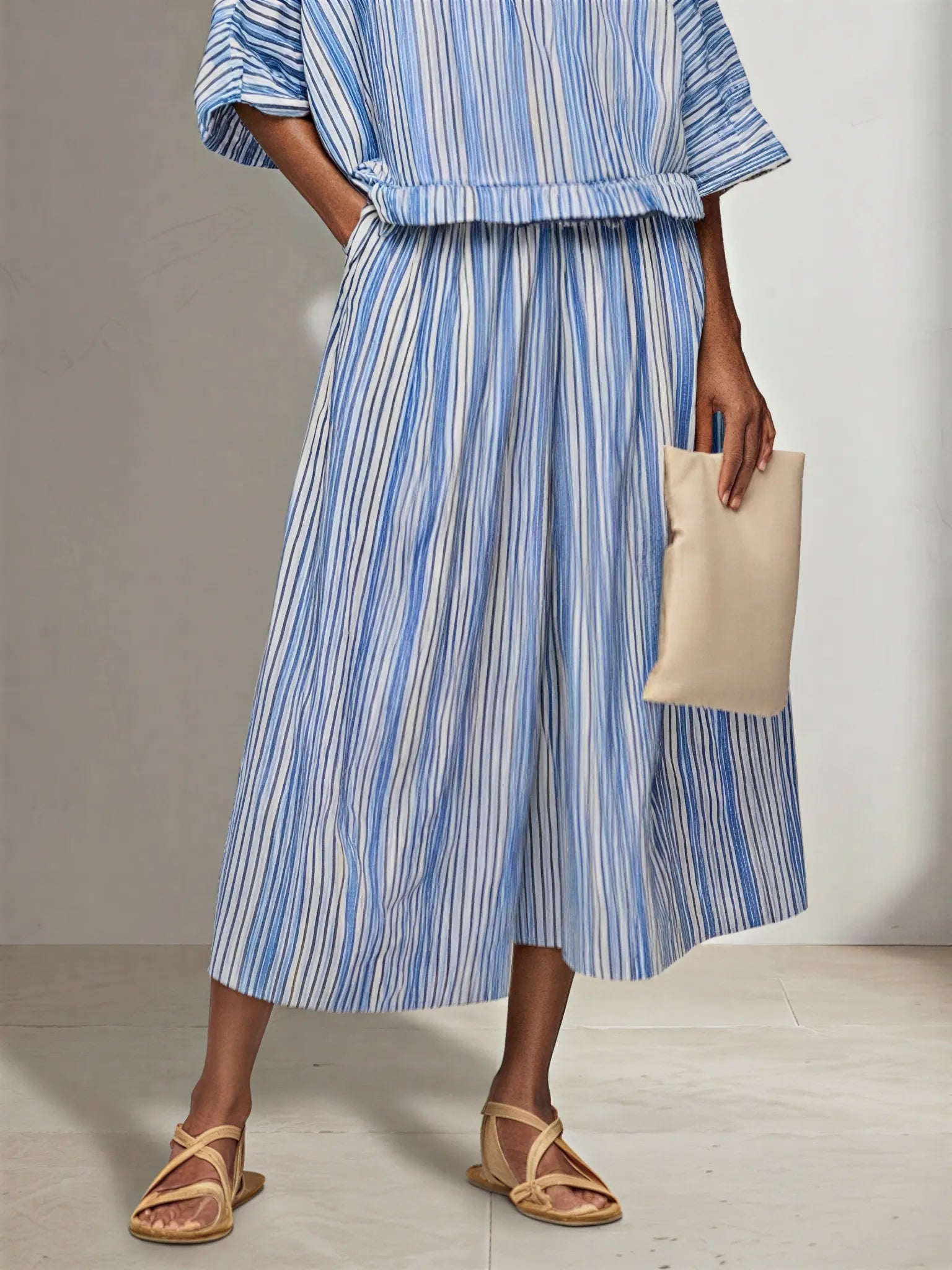Women's Blue White Vertical Stripe Cotton Blend Two-Piece Set With Boat Neck Batwing Sleeve Top & Elastic Waist Midi Pants, Minimalist Summer Resort Matching Outfit MDZ0695G4LYL
