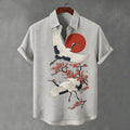 Men's Japanese-style Floral And Crane Print Short-sleeved Shirt