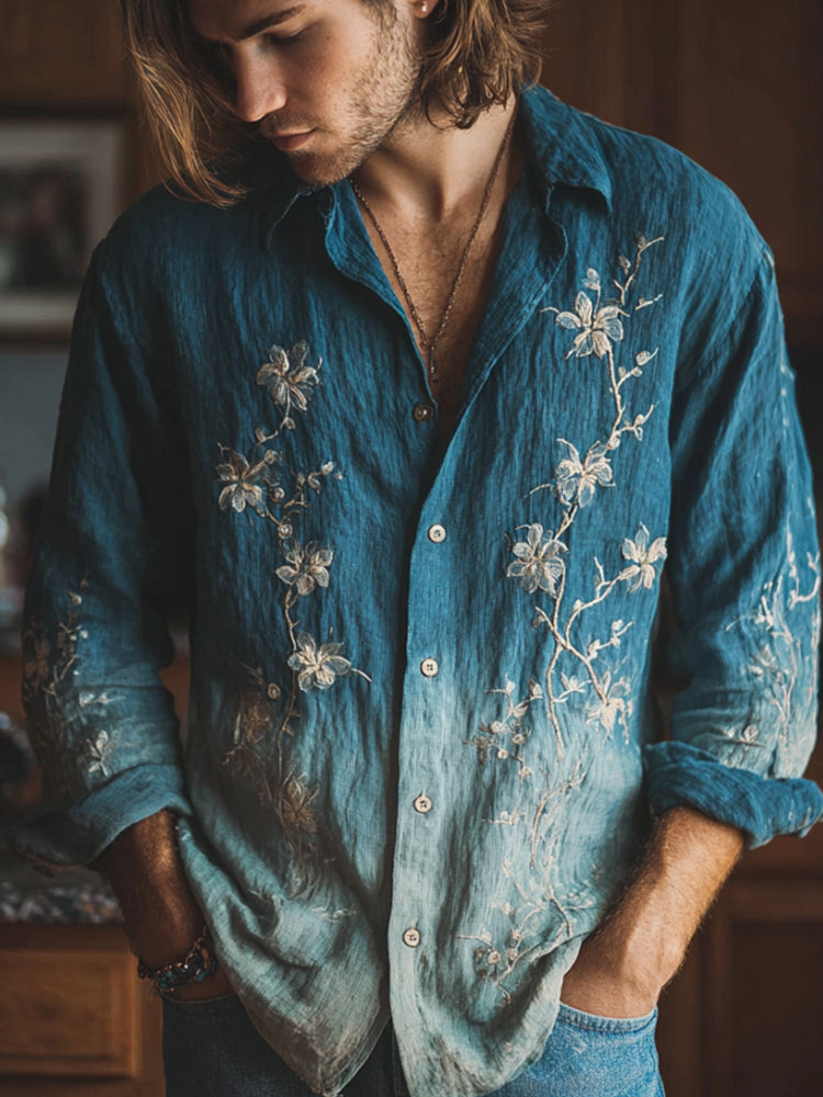 Japanese Style White Peony Gradient Leisure Linen Long Sleeve Shirt