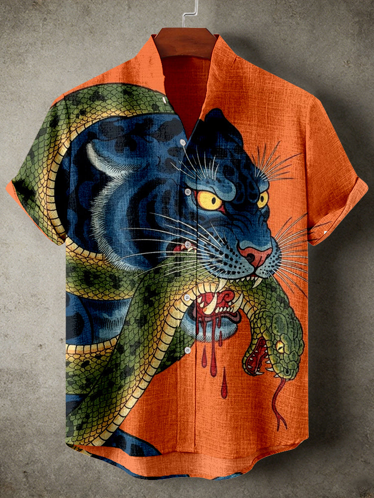 Vintage Japanese Tiger & Snake Art Linen Shirt