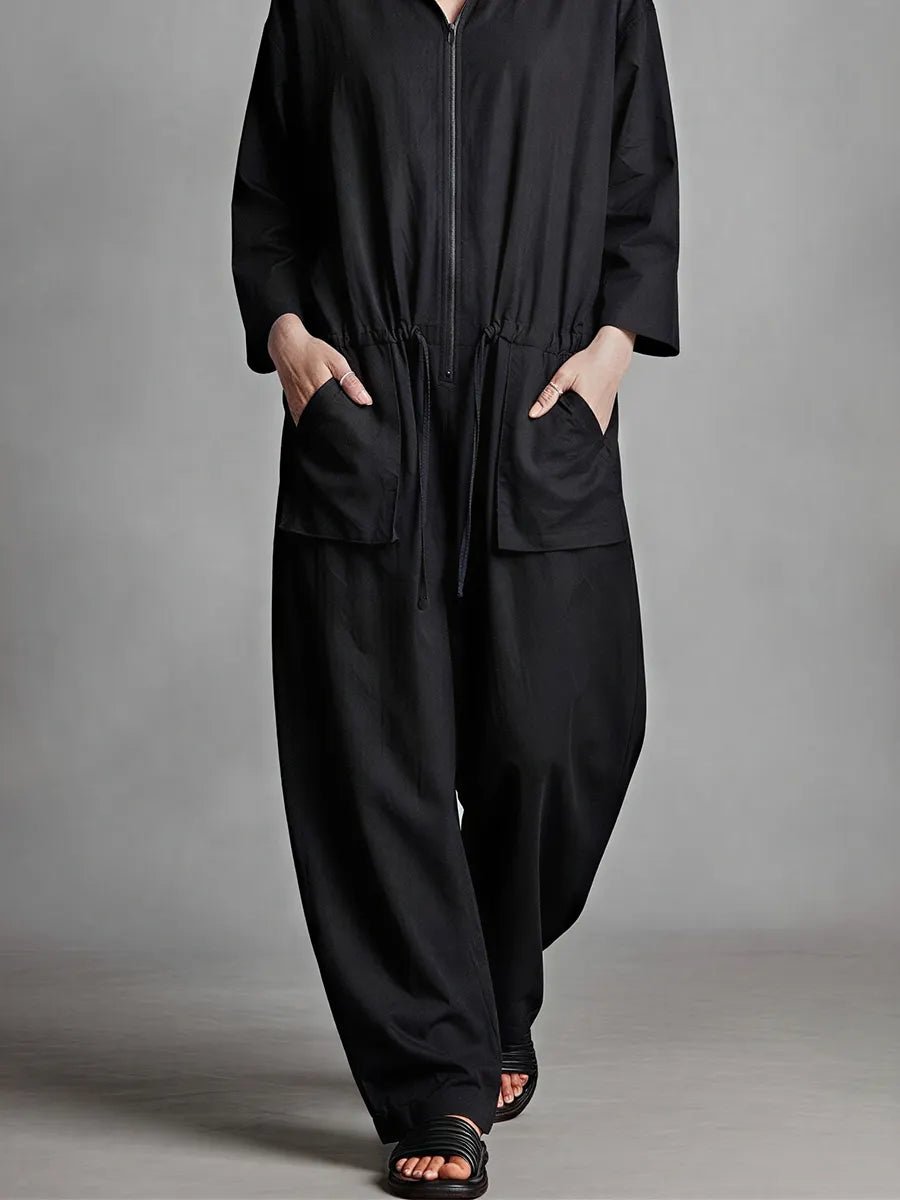 Women's Black Linen Blend Jumpsuit With Hood Full Zip Front & Drawstring Waist, Minimalist Loungewear Oversized Wide Leg Jumpsuit MDZ0710G3LYL