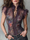 Quiet Luxury Oil-Painting Floral Print Front-Zip Blouse