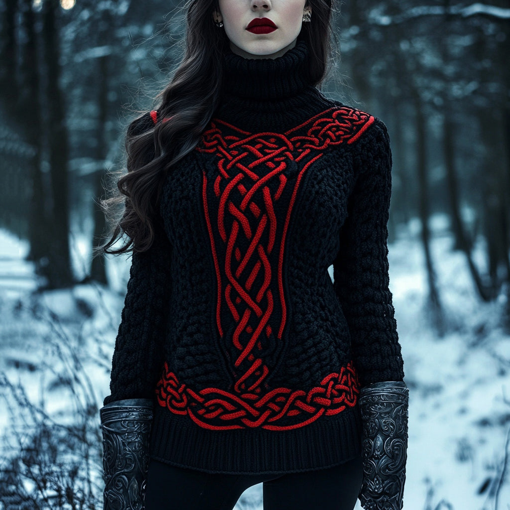 Women's Viking Celtic Knot Contrasting Color Cozy Turtleneck Knitted Sweater