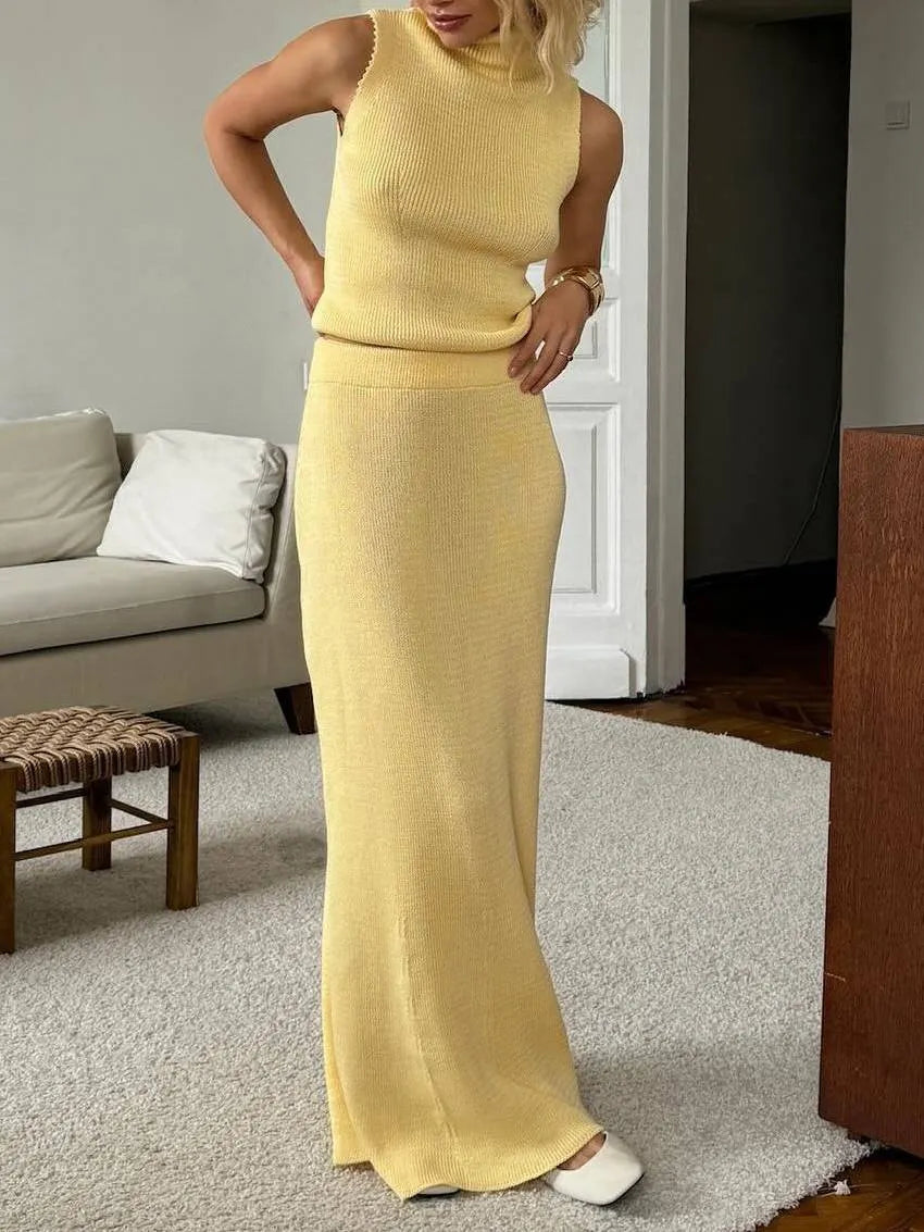 Turtleneck vest Long skirt two piece set