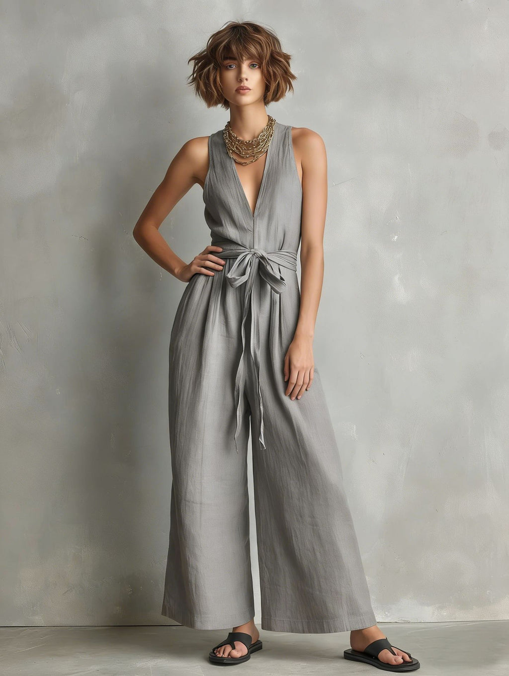 Momocco Elegant Waist-Knot Jumpsuit - Sleeveless Wide-Leg One-Piece Quiet Luxury Set