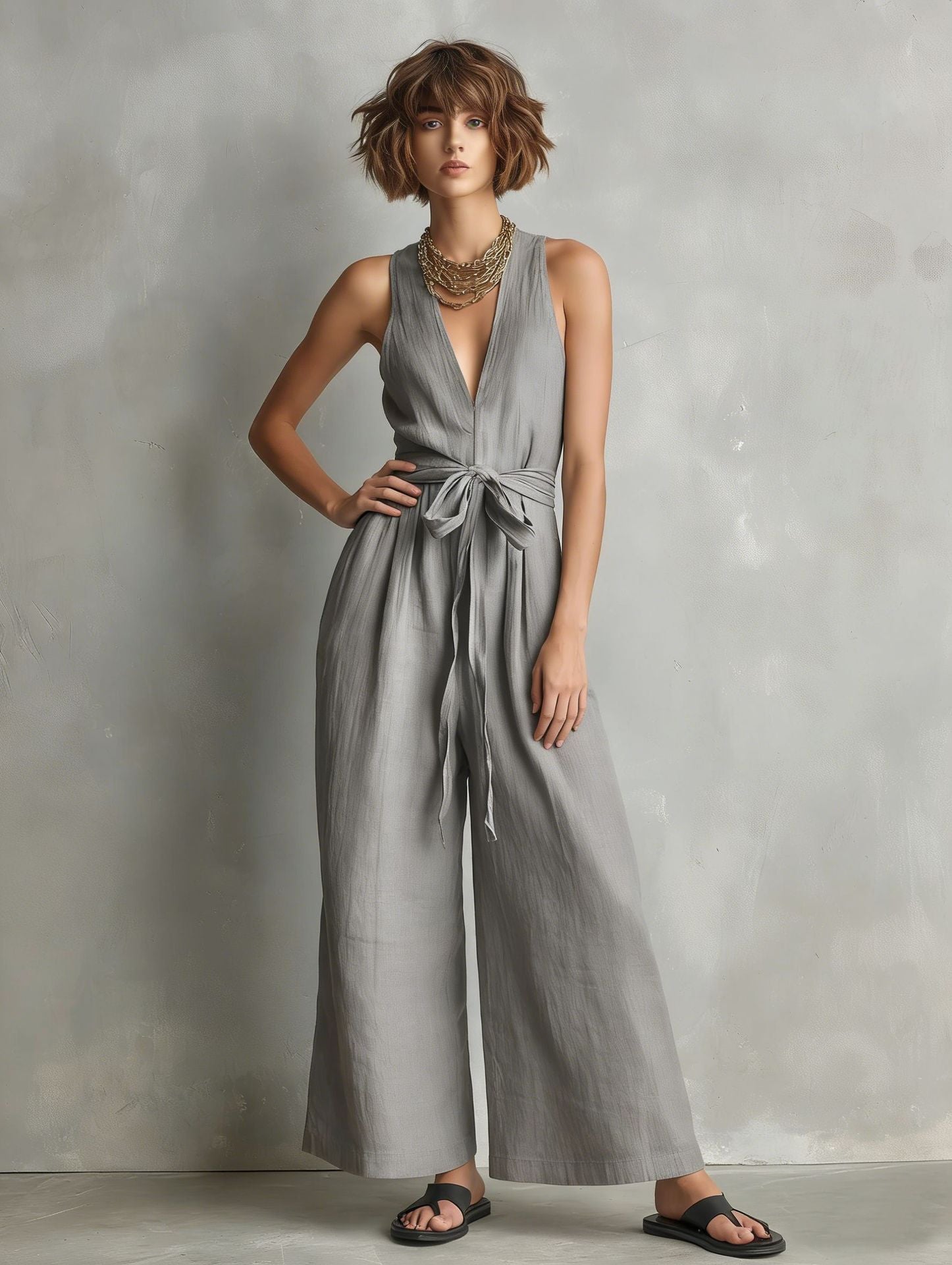 Momocco Elegant Waist-Knot Jumpsuit - Sleeveless Wide-Leg One-Piece Quiet Luxury Set