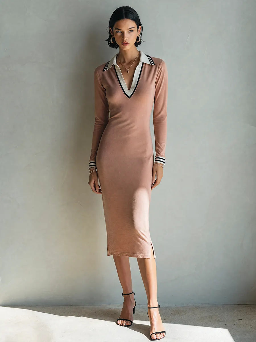 Women's Pink Cotton Blend Contrast Striped Collar Long Sleeve Bodycon Midi Dress MDZ2192G3ZRK