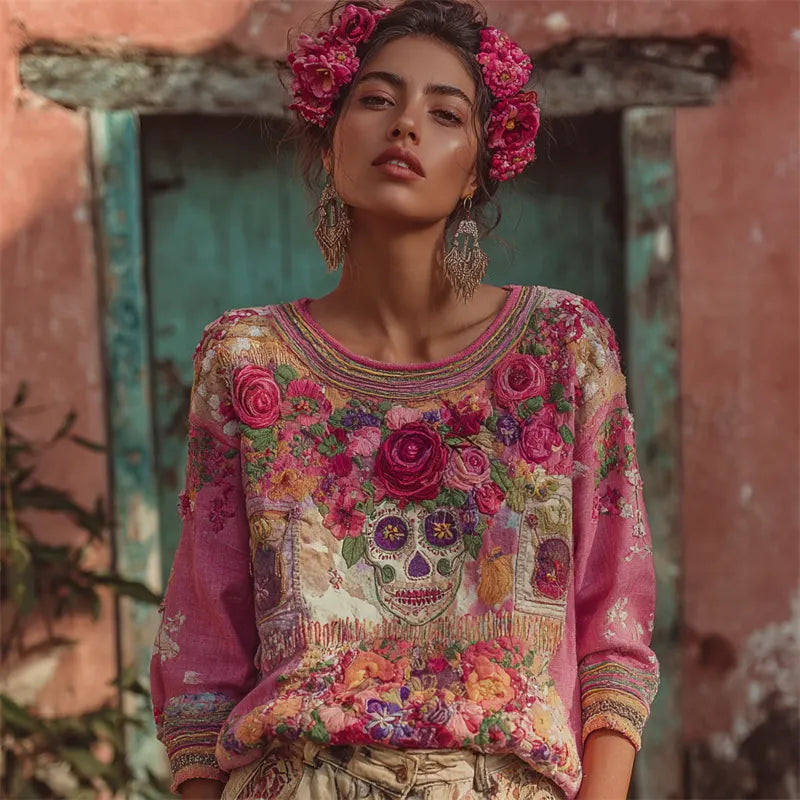 Mexican Sugar Skull Ethnic Floral Embroidered Patchwork Linen Tunic