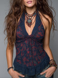 Retro Country-Style Printed Tank Top With Lace Trim