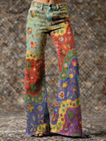 Women's Retro Colorful Floral Wave Art Print Casual Washed Pants