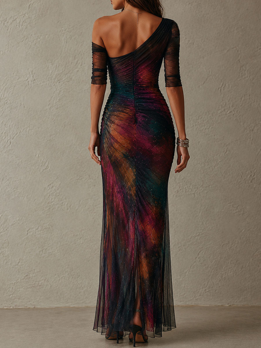 Retro Elegant Multicolor One-Shoulder Ruched Mesh Maxi Evening Dress