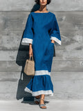 Women’s Blue Cotton-linen blend Boat Neck Three Quarter Flare Cuff White Contrast Trim Tiered Ruffle Hem Midi Dress With Side Pockets MDZ1315G7YZJ