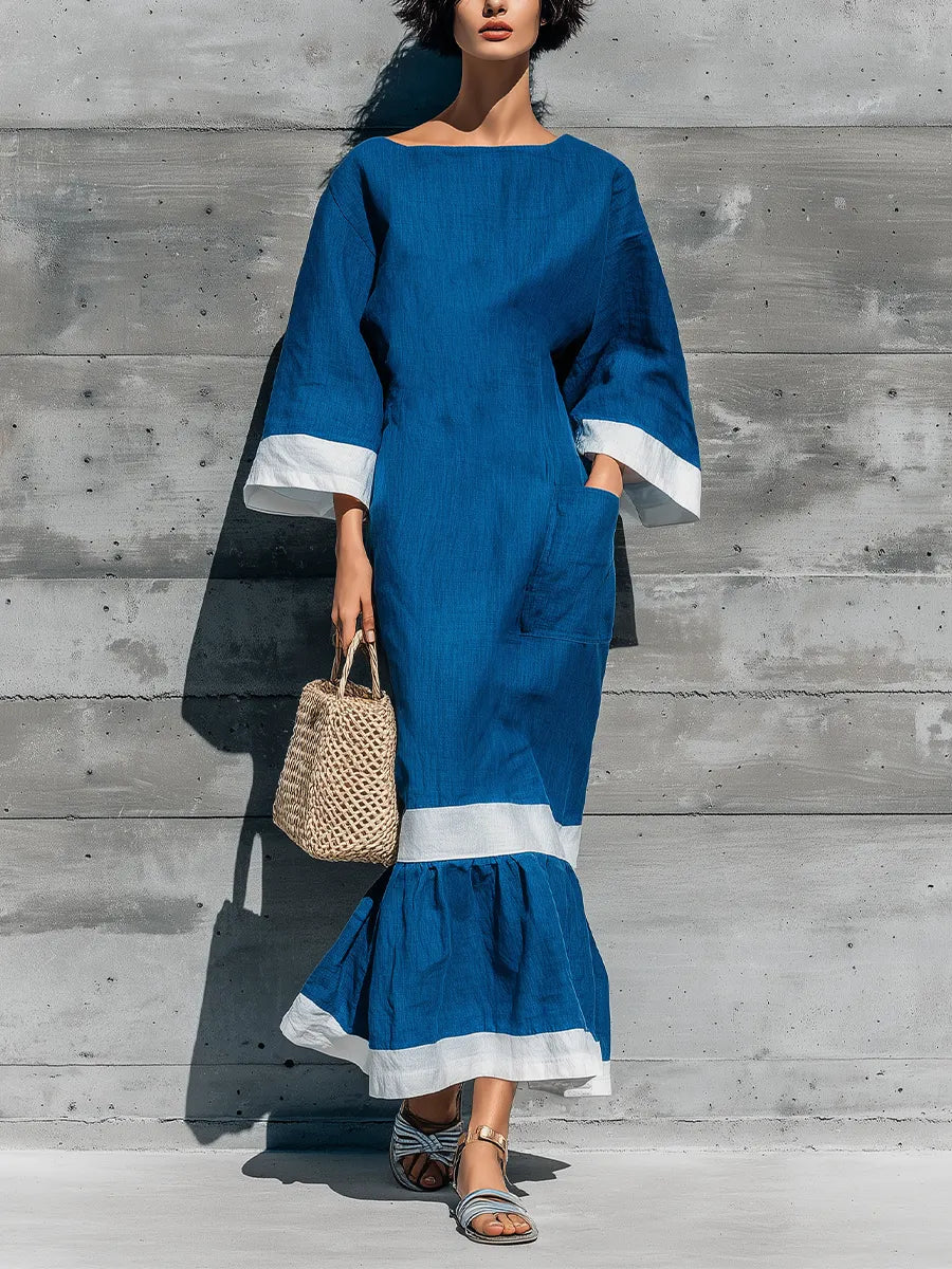 Women’s Blue Cotton-linen blend Boat Neck Three Quarter Flare Cuff White Contrast Trim Tiered Ruffle Hem Midi Dress With Side Pockets MDZ1315G7YZJ