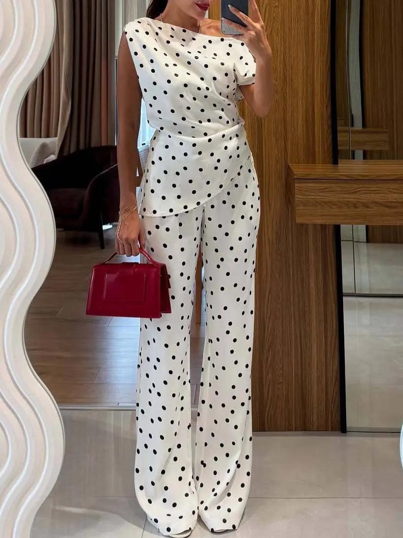 Vintage Polka Dot Off-Shoulder Top And Wide Leg Pants Suit-Pants