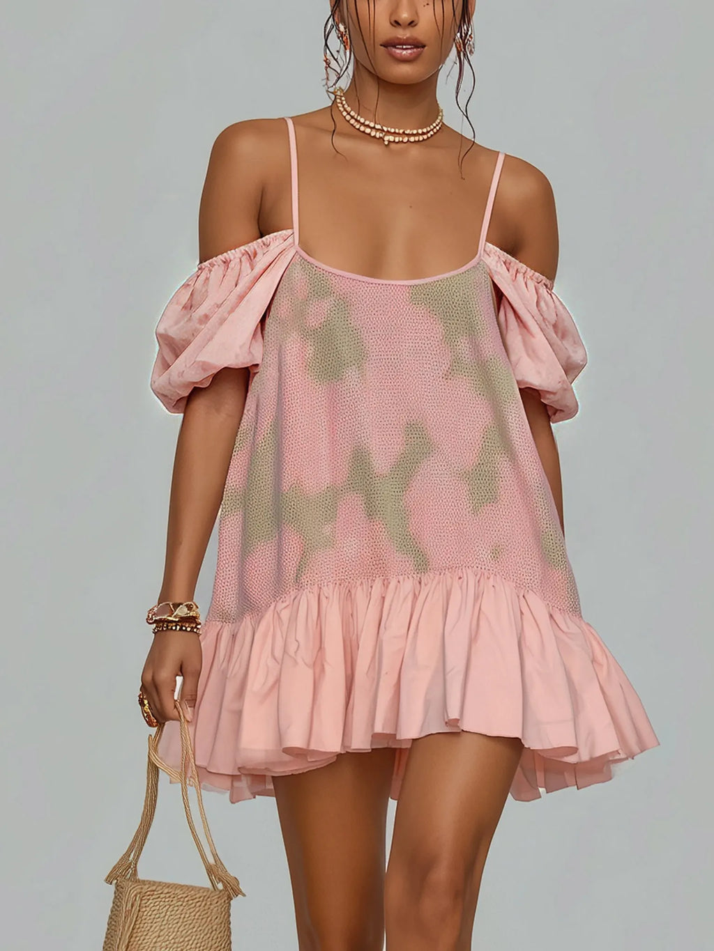 Pink Printed Mesh Mini Dress
