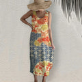 Japanese Art Flower Print Round Neck Sleeveless Loose Midi Dress