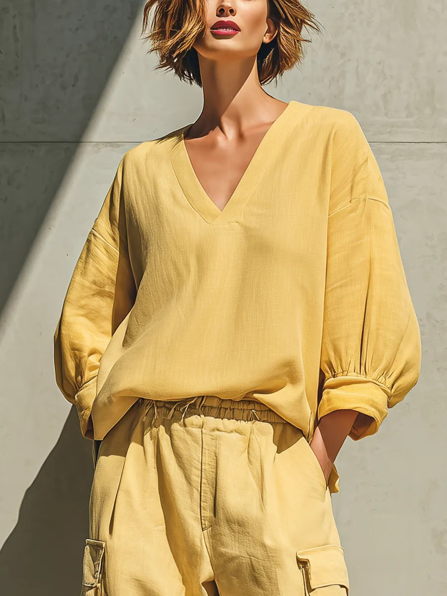Women's Lemon Yellow Cotton-linen blend V Neck Balloon Three Quarter Sleeve Loose Top Elastic Waist Multi Pocket Jogger Cargo Pant Two Piece Set MDZ1732G1YZJ