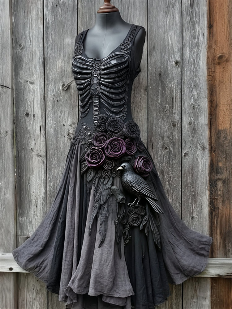 Vintage Rib Cage Raven & Roses Flowy Linen Dress