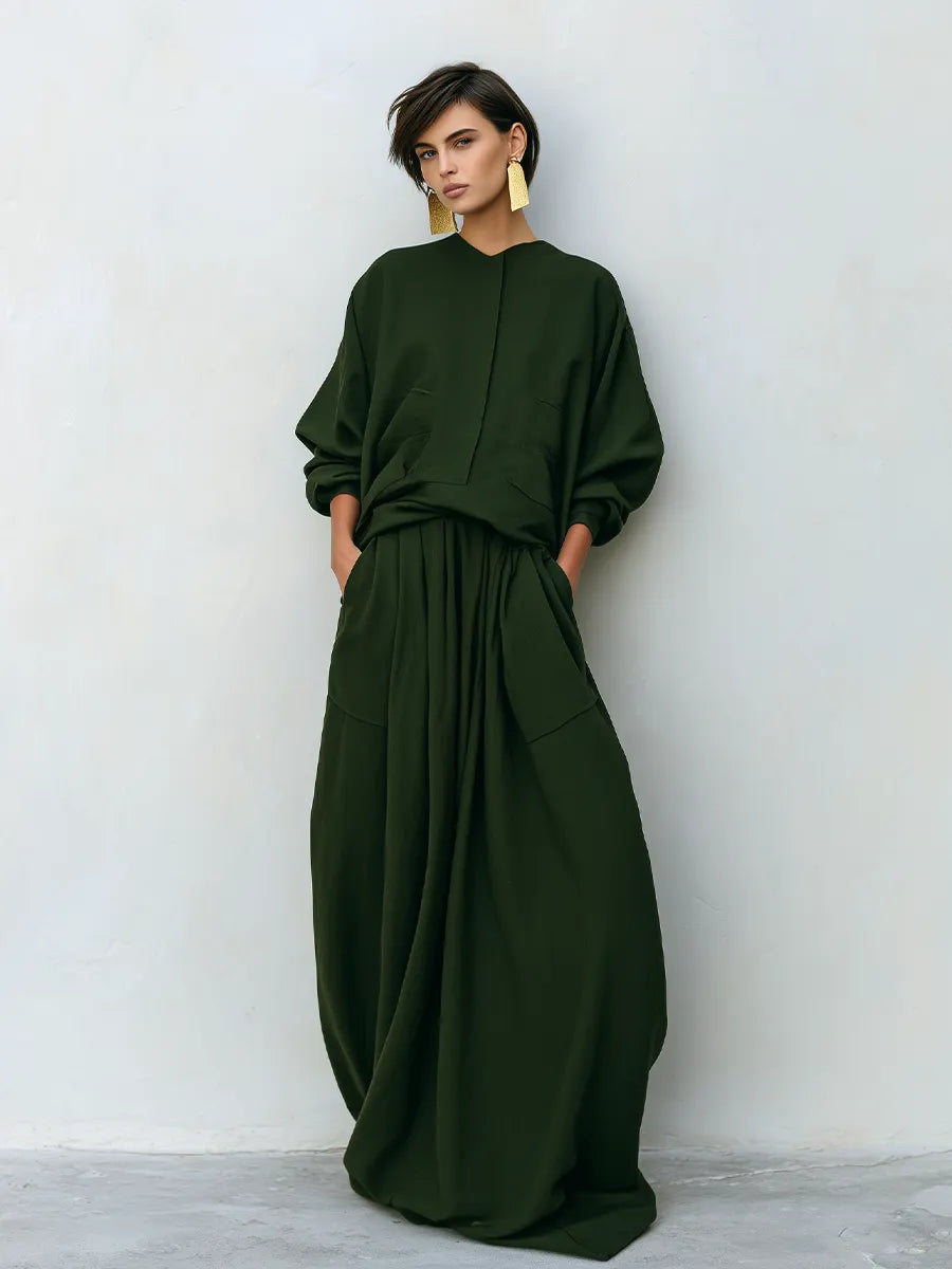 Women's Dark Olive Woven Two-Piece Set With Stand Collar Pocket Blouse & Oversized Drawstring Maxi Skirt, Minimalist Loose Resort Matching Outfit MDZ0781G6LYL