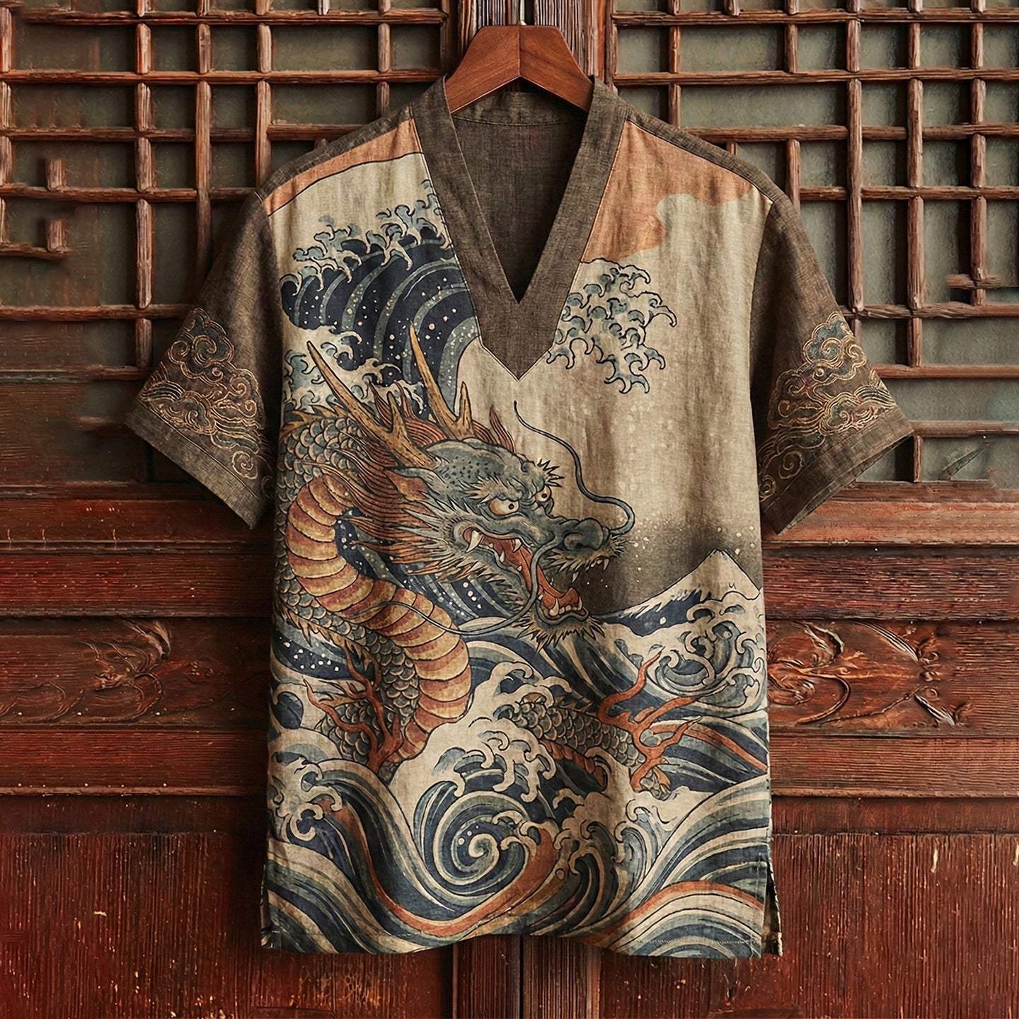 Men's Japanese-style Linen Dragon And Wave Art Linen Shirt