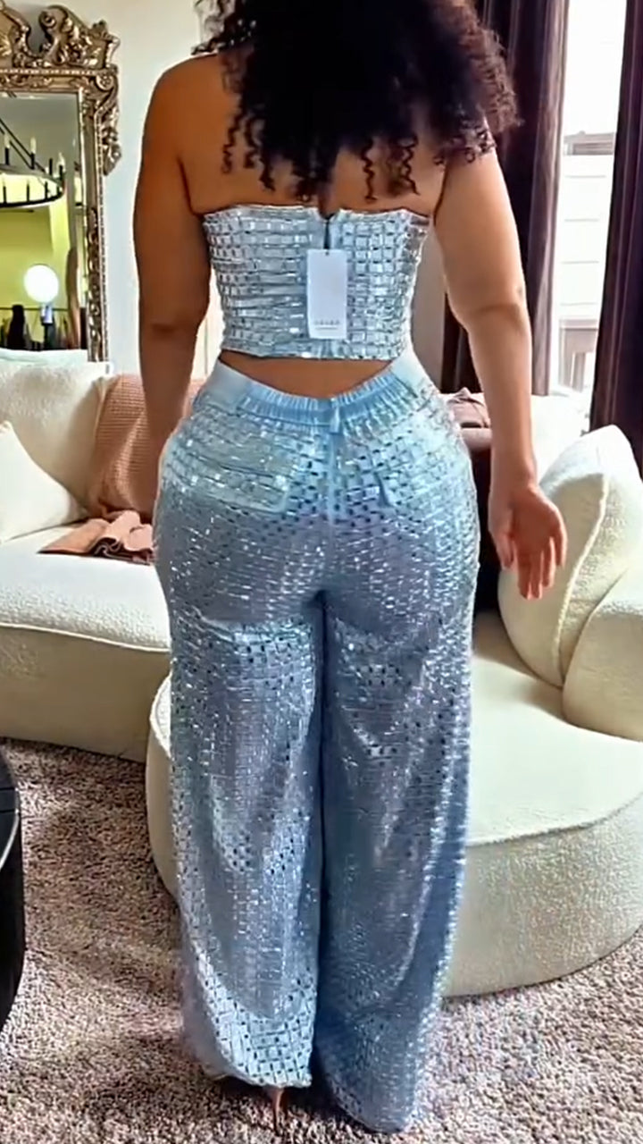 Women Suspender Hot Diamond Top + Pants Sexy Casual Suit