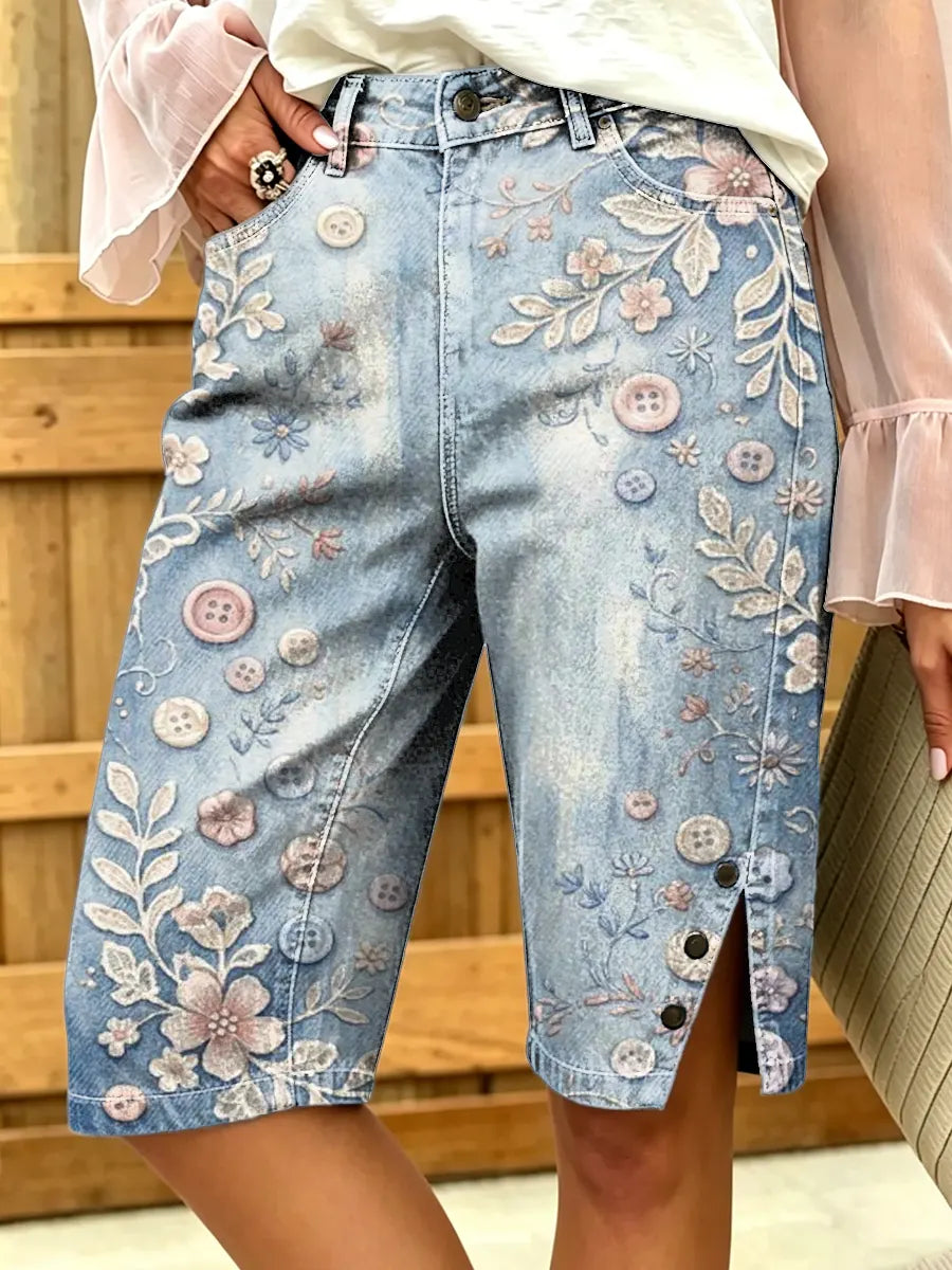 Women's Floral & Button Print Denim Bermuda Shorts