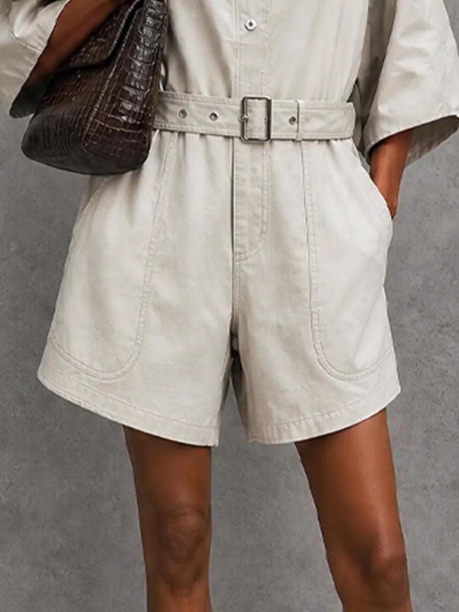 Women's Minimalist Workwear Light Gray Cotton Blend Lapel Belt Waist Loose Short Jumpsuit MDZ0917G3GMJ