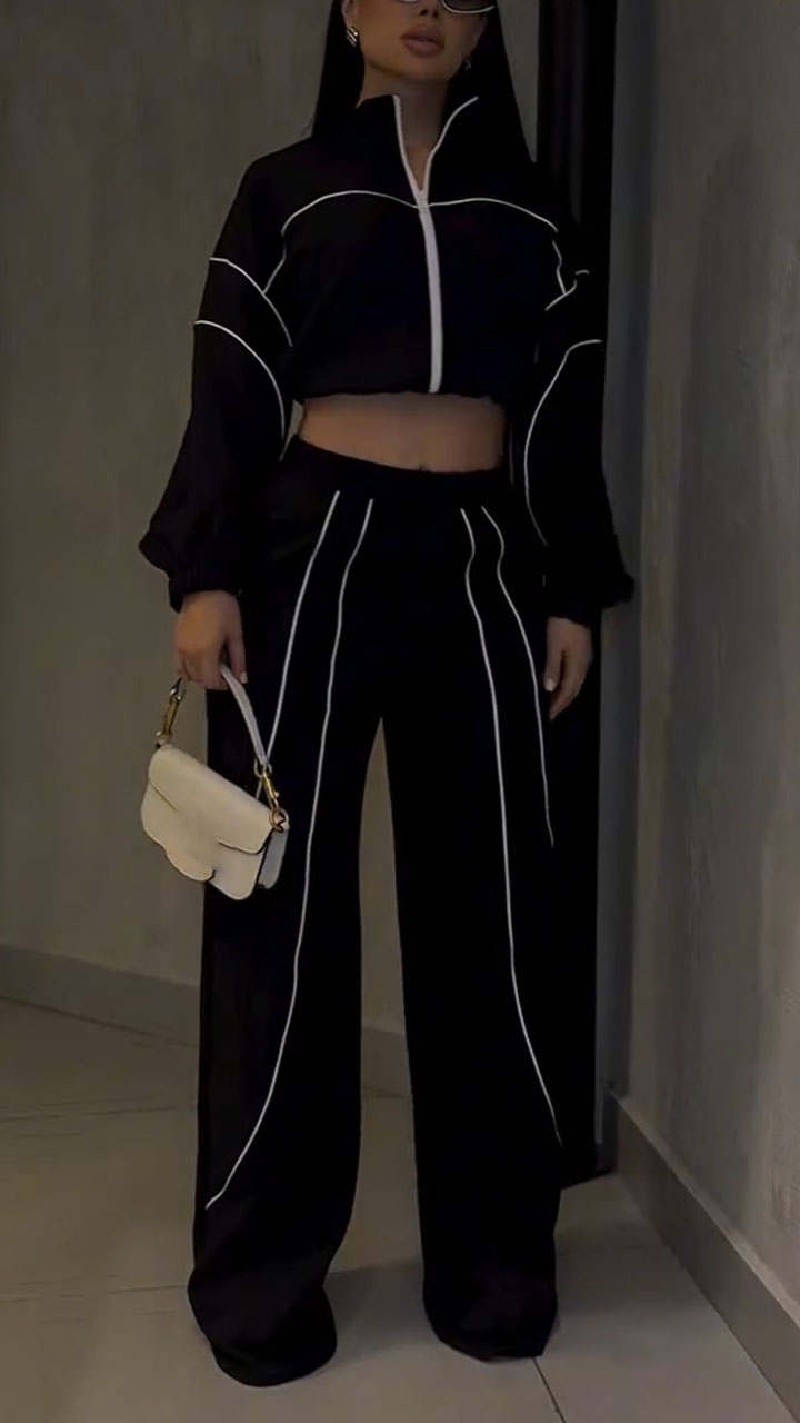 Women Stand Collar Vertical Stripe Jacket+ Pants Casual Suit