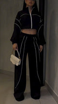 Women Stand Collar Vertical Stripe Jacket+ Pants Casual Suit