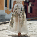 Women's Elegant Floral With Peacock Art Linen Blend Casual Maxii Skirt