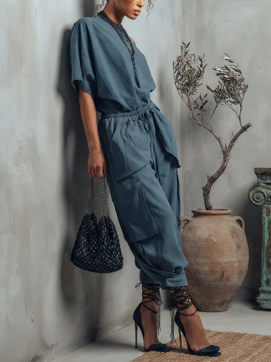Indigo Asymmetric Drawstring Jumpsuit