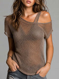 Mocha Mesh Knit Asymmetrical Off-Shoulder Top