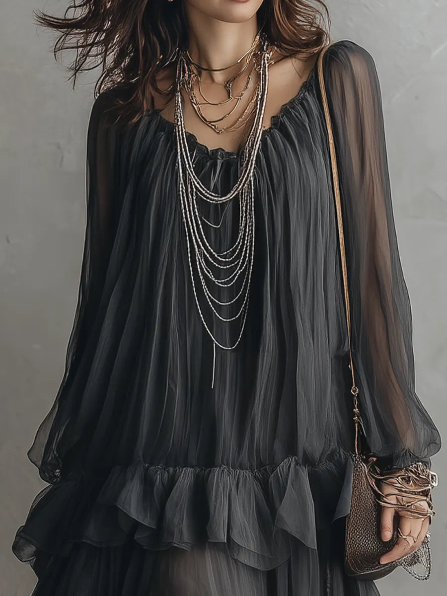 Sheer Layered Ruffle Midi Dress