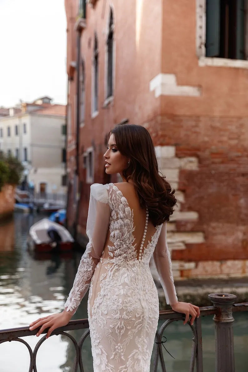 Luxurious Mermaid Fitted silhouette Transparent Long Sleeve Lace Appliques Pearl sequin Embroidered Train wedding dress